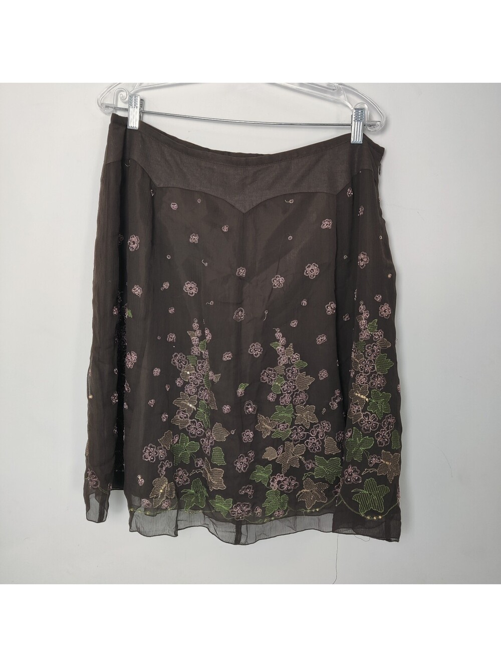 Silkland 100% Silk Brown Floral Embroidered Sequin Chiffon Midi Skirt Women's M